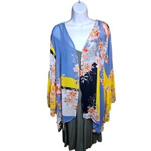 Cottage Patchwork Floral Kimono Navy Yellow Peach Plus Size 18/20W #584